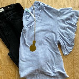 Blue Flowy Flutter Sleeve Shirt